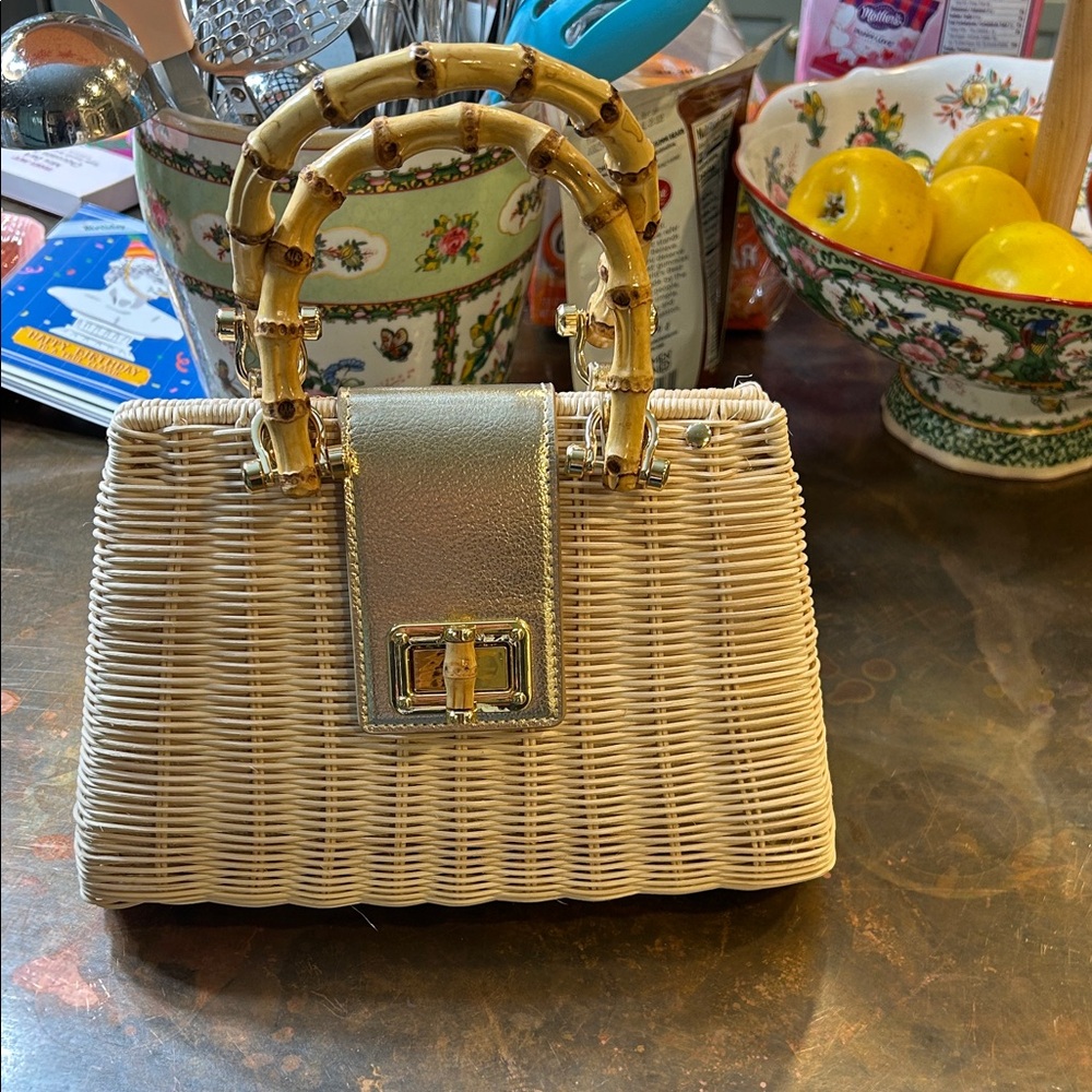 Lilly Pulitzer Cream Wicker Satchel with Bamboo Handles Sold Out HTF
